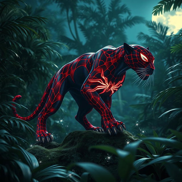 A hybrid panther adorned with Spider-Man's iconic red and blue patterns, featuring glowing web-like markings, prowling stealthily through a lush moonlit jungle