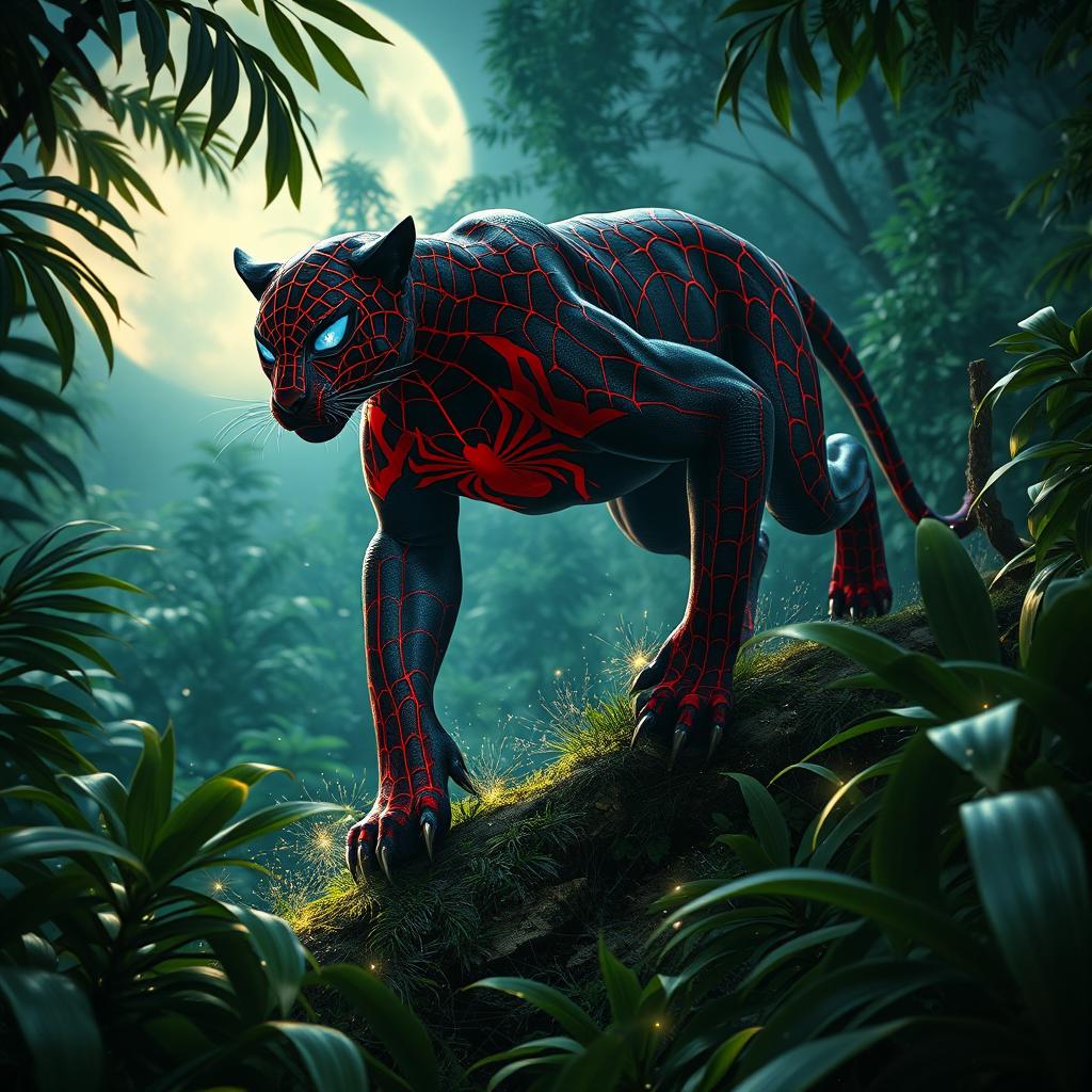 A hybrid panther adorned with Spider-Man's iconic red and blue patterns, featuring glowing web-like markings, prowling stealthily through a lush moonlit jungle