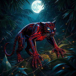 A hybrid panther adorned with Spider-Man's iconic red and blue patterns, featuring glowing web-like markings, prowling stealthily through a lush moonlit jungle