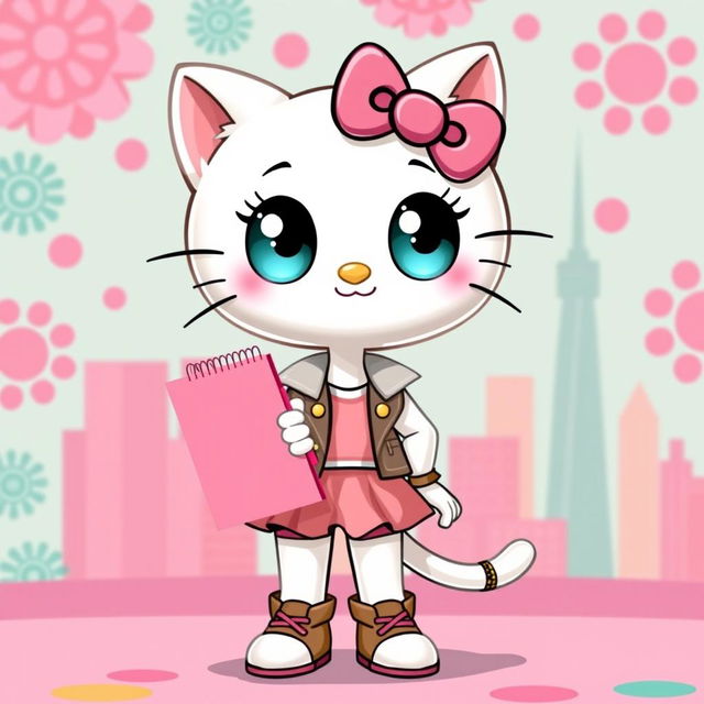 A whimsical character inspired by Hello Kitty, depicted with large bright eyes and a cute smiling face, wearing a stylish and playful outfit reminiscent of Andie Anderson from 'How to Lose a Guy in 10 Days'