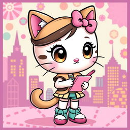 A whimsical character inspired by Hello Kitty, depicted with large bright eyes and a cute smiling face, wearing a stylish and playful outfit reminiscent of Andie Anderson from 'How to Lose a Guy in 10 Days'
