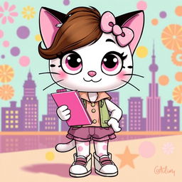 A whimsical character inspired by Hello Kitty, depicted with large bright eyes and a cute smiling face, wearing a stylish and playful outfit reminiscent of Andie Anderson from 'How to Lose a Guy in 10 Days'