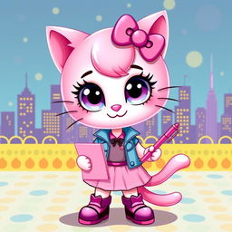 A whimsical character inspired by Hello Kitty, depicted with large bright eyes and a cute smiling face, wearing a stylish and playful outfit reminiscent of Andie Anderson from 'How to Lose a Guy in 10 Days'