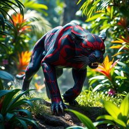 A hybrid panther showcasing Spider-Man's iconic red and blue patterns, featuring glowing web-like markings, prowling through a vibrant daytime jungle