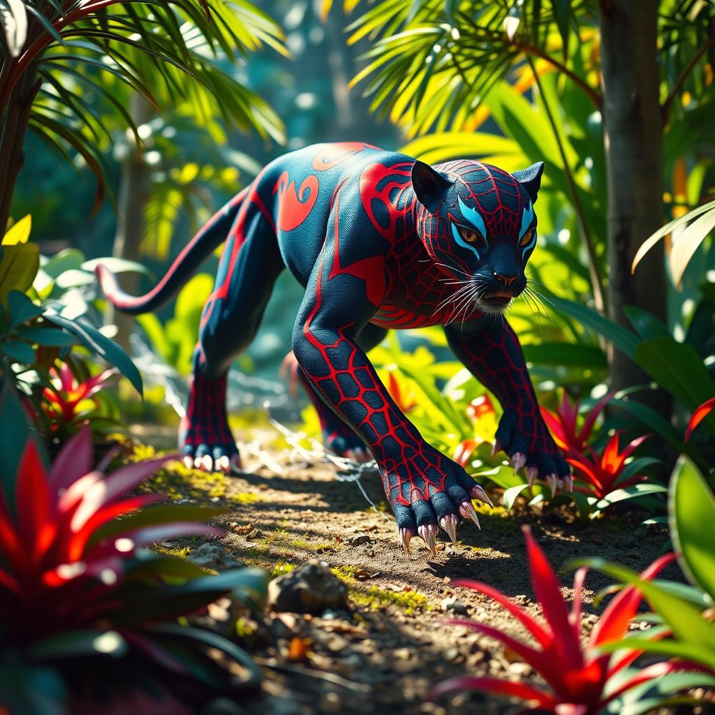 A hybrid panther showcasing Spider-Man's iconic red and blue patterns, featuring glowing web-like markings, prowling through a vibrant daytime jungle