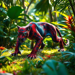 A hybrid panther showcasing Spider-Man's iconic red and blue patterns, featuring glowing web-like markings, prowling through a vibrant daytime jungle