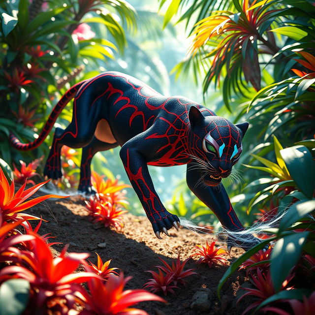 A hybrid panther showcasing Spider-Man's iconic red and blue patterns, featuring glowing web-like markings, prowling through a vibrant daytime jungle