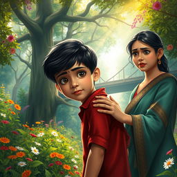 A 14-year-old boy named Aarav with dark hair and bright eyes, dreaming of a mysterious bridge in a lush, vibrant forest