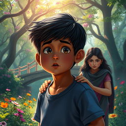 A 14-year-old boy named Aarav with dark hair and bright eyes, dreaming of a mysterious bridge in a lush, vibrant forest