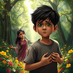 A 14-year-old boy named Aarav with dark hair and bright eyes, dreaming of a mysterious bridge in a lush, vibrant forest