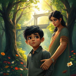 A 14-year-old boy named Aarav with dark hair and bright eyes, dreaming of a mysterious bridge in a lush, vibrant forest