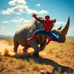 A dynamic scene of a massive rhinoceros charging vigorously across the vast savannah, with a powerful landscape under a bright blue sky