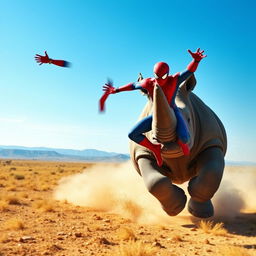 A dynamic scene of a massive rhinoceros charging vigorously across the vast savannah, with a powerful landscape under a bright blue sky