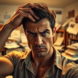 A strong man, with an intense expression on his face, is striking his head with his hand in a thoughtful yet frustrated manner