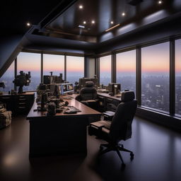 A penthouse office modeled after a SWAT commander's office, incorporating features suggested by the image provided in the linked website.