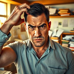A strong man, with an intense expression on his face, is striking his head with his hand in a thoughtful yet frustrated manner