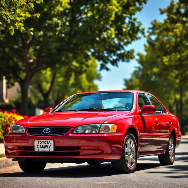 A red 2000 Toyota Camry parked on a sunny street, surrounded by lush green trees and colorful flowers