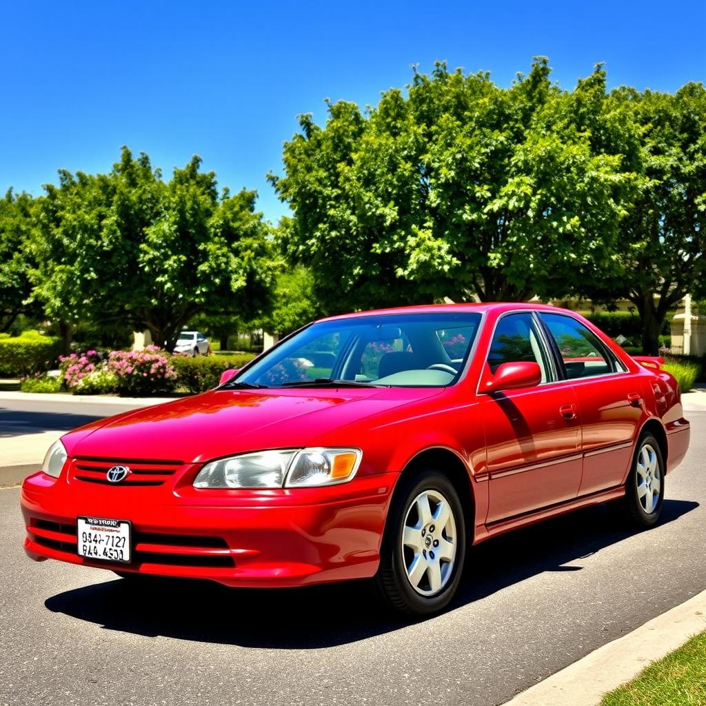 A red 2000 Toyota Camry parked on a sunny street, surrounded by lush green trees and colorful flowers