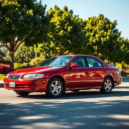 A red 2000 Toyota Camry parked on a sunny street, surrounded by lush green trees and colorful flowers
