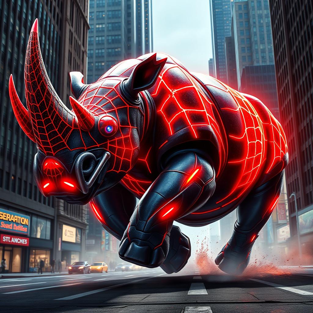 A colossal hybrid rhinoceros featuring Spider-Man's webbed patterns and striking glowing red-and-blue armor, charging powerfully through an urban cityscape