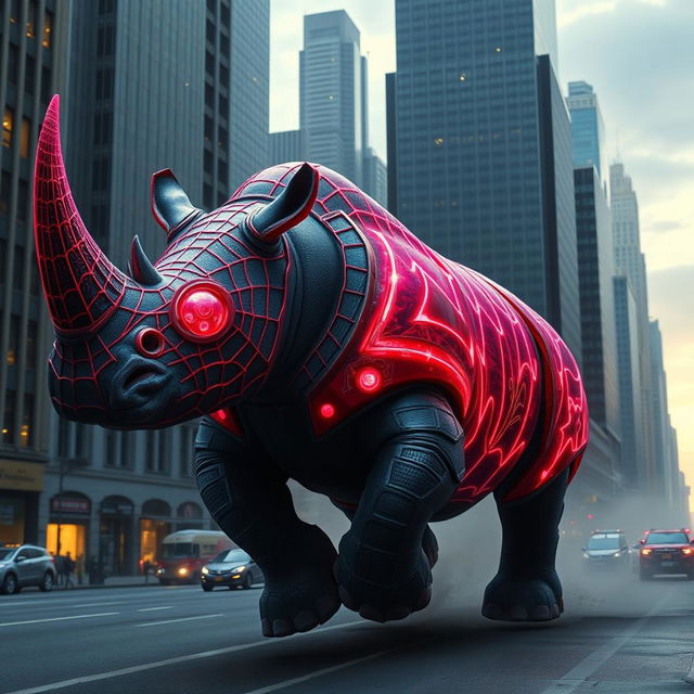 A colossal hybrid rhinoceros featuring Spider-Man's webbed patterns and striking glowing red-and-blue armor, charging powerfully through an urban cityscape