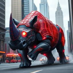 A colossal hybrid rhinoceros featuring Spider-Man's webbed patterns and striking glowing red-and-blue armor, charging powerfully through an urban cityscape