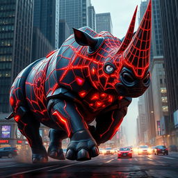 A colossal hybrid rhinoceros featuring Spider-Man's webbed patterns and striking glowing red-and-blue armor, charging powerfully through an urban cityscape
