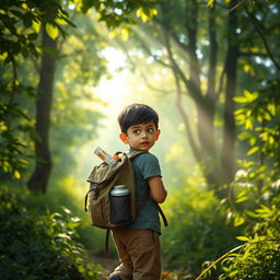 A young boy named Aarav, carrying a small knapsack filled with food and water, walking alone into a lush green forest at dawn