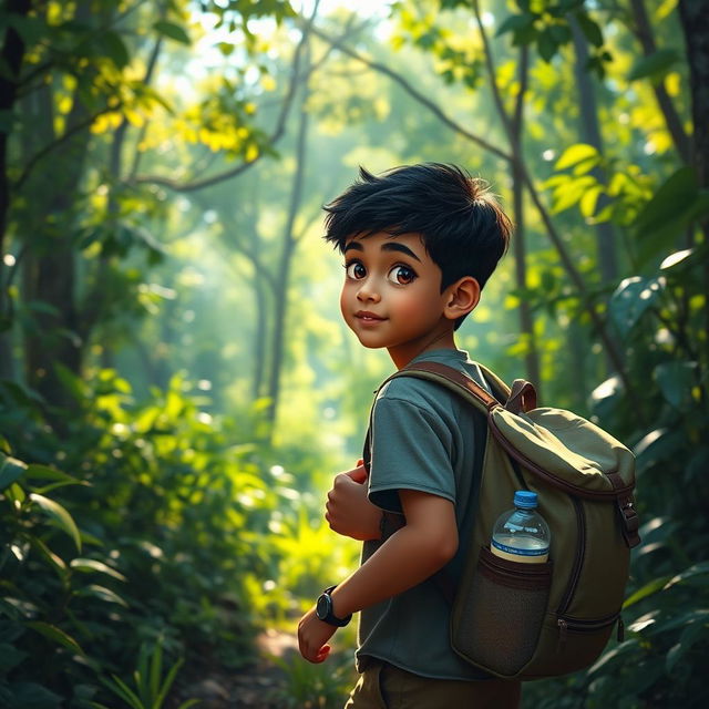 A young boy named Aarav, carrying a small knapsack filled with food and water, walking alone into a lush green forest at dawn