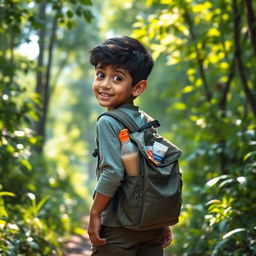 A young boy named Aarav, carrying a small knapsack filled with food and water, walking alone into a lush green forest at dawn