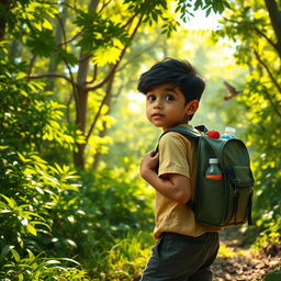 A young boy named Aarav, carrying a small knapsack filled with food and water, walking alone into a lush green forest at dawn