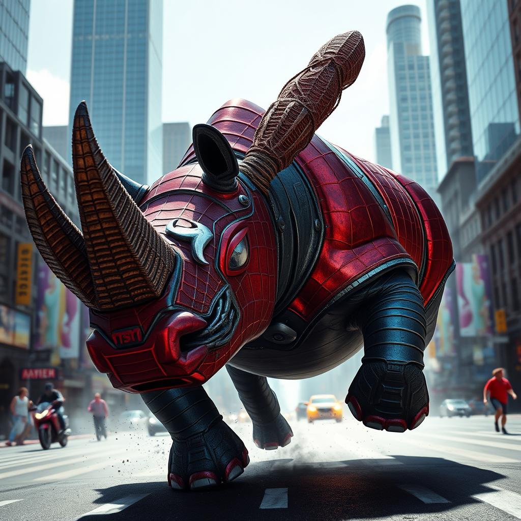 A massive hybrid rhinoceros adorned with Spider-Man's webbed patterns and shining red-and-blue armor, charging powerfully through a bustling cityscape