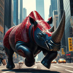 A massive hybrid rhinoceros adorned with Spider-Man's webbed patterns and shining red-and-blue armor, charging powerfully through a bustling cityscape