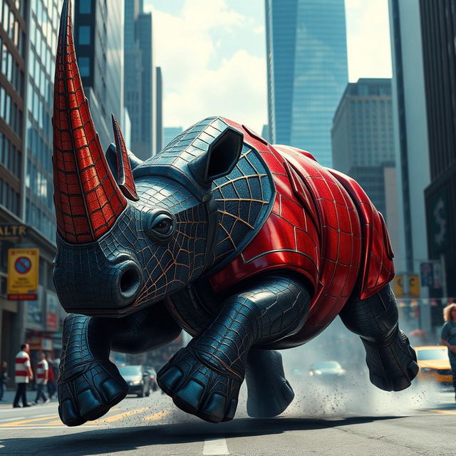 A massive hybrid rhinoceros adorned with Spider-Man's webbed patterns and shining red-and-blue armor, charging powerfully through a bustling cityscape