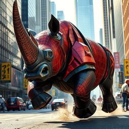 A massive hybrid rhinoceros adorned with Spider-Man's webbed patterns and shining red-and-blue armor, charging powerfully through a bustling cityscape