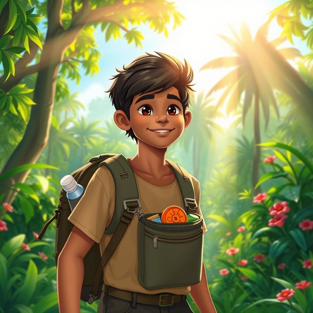 Arav, a young adventurer, setting off on a solo journey to the jungle in the early morning light