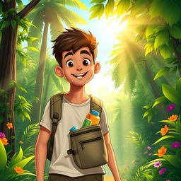 Arav, a young adventurer, setting off on a solo journey to the jungle in the early morning light