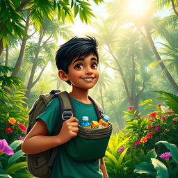 Arav, a young adventurer, setting off on a solo journey to the jungle in the early morning light