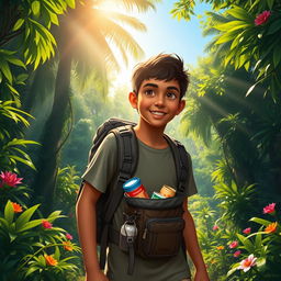 Arav, a young adventurer, setting off on a solo journey to the jungle in the early morning light