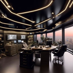 A penthouse office modeled after a SWAT commander's office, incorporating features suggested by the image provided in the linked website.