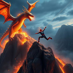 A dramatic scene depicting a fierce dragon perched atop a jagged mountaintop, breathing vibrant flames that illuminate the surrounding landscape