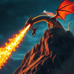 A dramatic scene depicting a fierce dragon perched atop a jagged mountaintop, breathing vibrant flames that illuminate the surrounding landscape