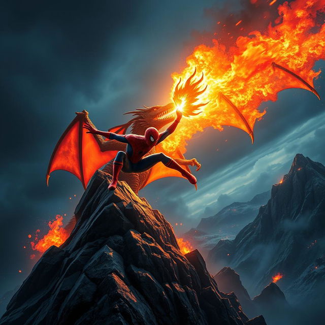 A dramatic scene depicting a fierce dragon perched atop a jagged mountaintop, breathing vibrant flames that illuminate the surrounding landscape