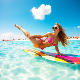 A beautiful beach scene featuring a female swimmer in vibrant swimwear, gracefully gliding through crystal clear turquoise waters