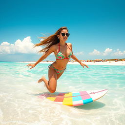 A beautiful beach scene featuring a female swimmer in vibrant swimwear, gracefully gliding through crystal clear turquoise waters
