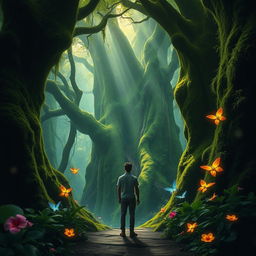 A person standing at the entrance of a dense, enchanted jungle, surrounded by towering ancient trees that are covered in vibrant green moss