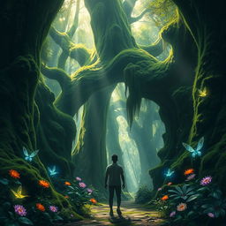A person standing at the entrance of a dense, enchanted jungle, surrounded by towering ancient trees that are covered in vibrant green moss