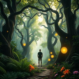 A person standing at the entrance of a mystical jungle, feeling the enchanting atmosphere that envelops them