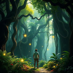 A person standing at the entrance of a mystical jungle, feeling the enchanting atmosphere that envelops them