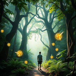 A person standing at the entrance of a mystical jungle, feeling the enchanting atmosphere that envelops them